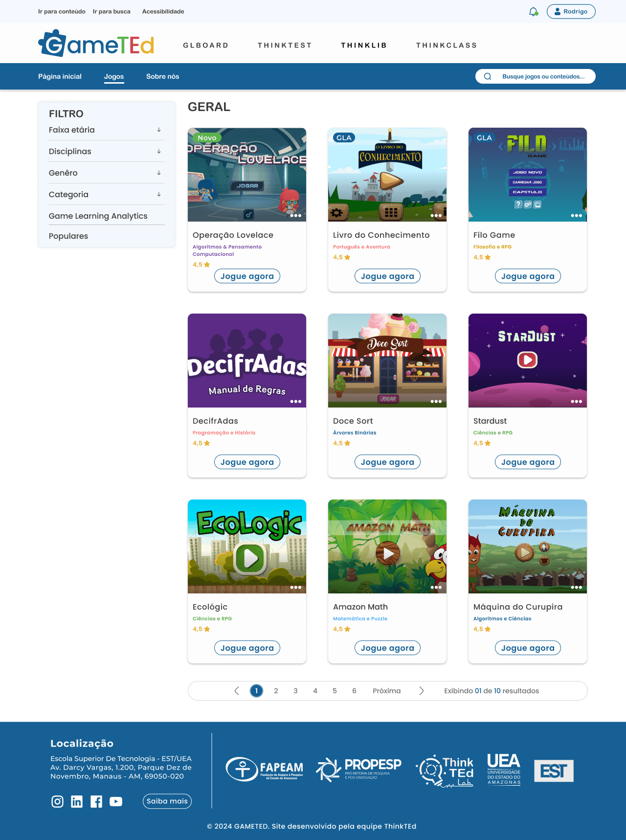 Prévia da plataforma GameTEd com a listagem de jogos, filtros e categorias